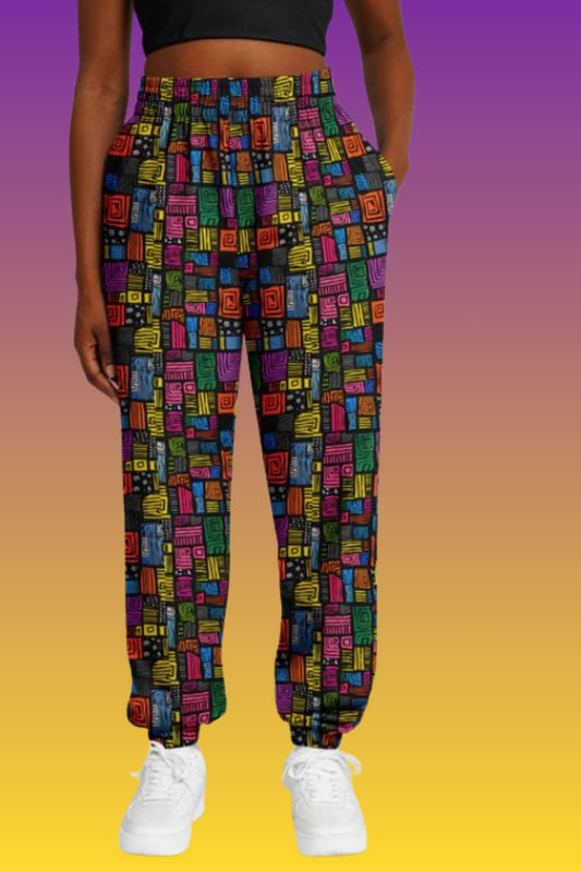 Athletic Sweatpants, Colorful Geometric Joggers, Abstract Pattern Activewear, Vibrant Grid Print Pants
