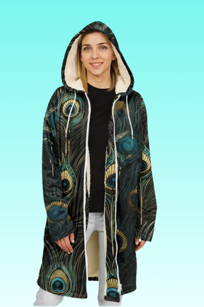 Peacock Feather Zipper Cloak – Seamless Animal Pattern Hooded Cape for Festivals, Travel & Boho Style | Unique Coat