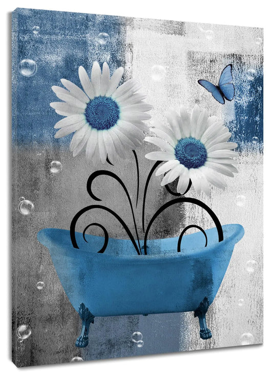 Floral Wall Art for Living Room Blue Flower and Butterfly in Bathtub Canvas Wall Art Modern Grey and White Geometric Framed Wall Art for Bathroom Bedroom Wall Decor 24L X 16W inches
