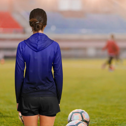 Blue & Black Gradient Women's Long Sleeve Hooded Performance Shirt