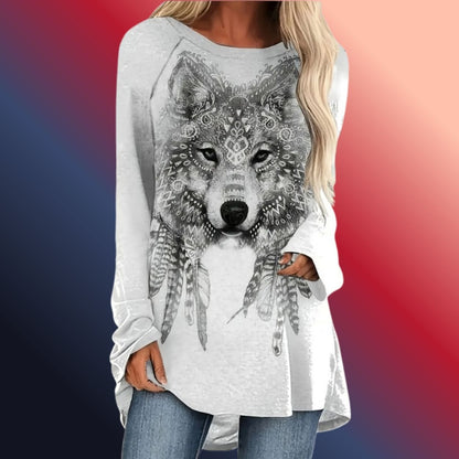 Bohemian Wolf Print Long Sleeve T-Shirt