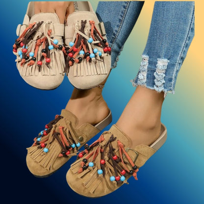 Bohemian Fringe Beaded Slip-Ons