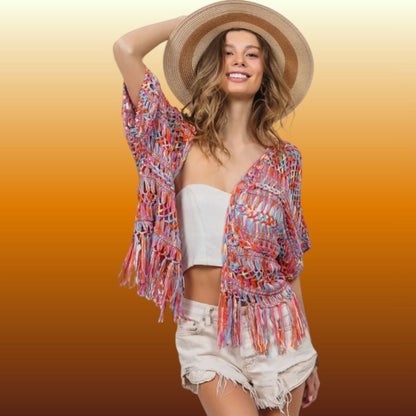 Open Front Fringed Crop Knit Cardigan