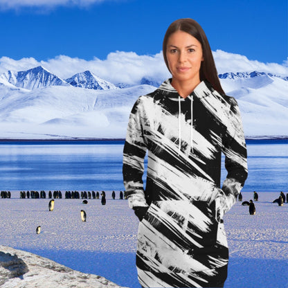 Fashion Longline Hoodie - #high-contrast#dynamic#graphic-design#expressive#gestural-abstraction#grunge#abstract#texture#black-and-white#brush-strokes