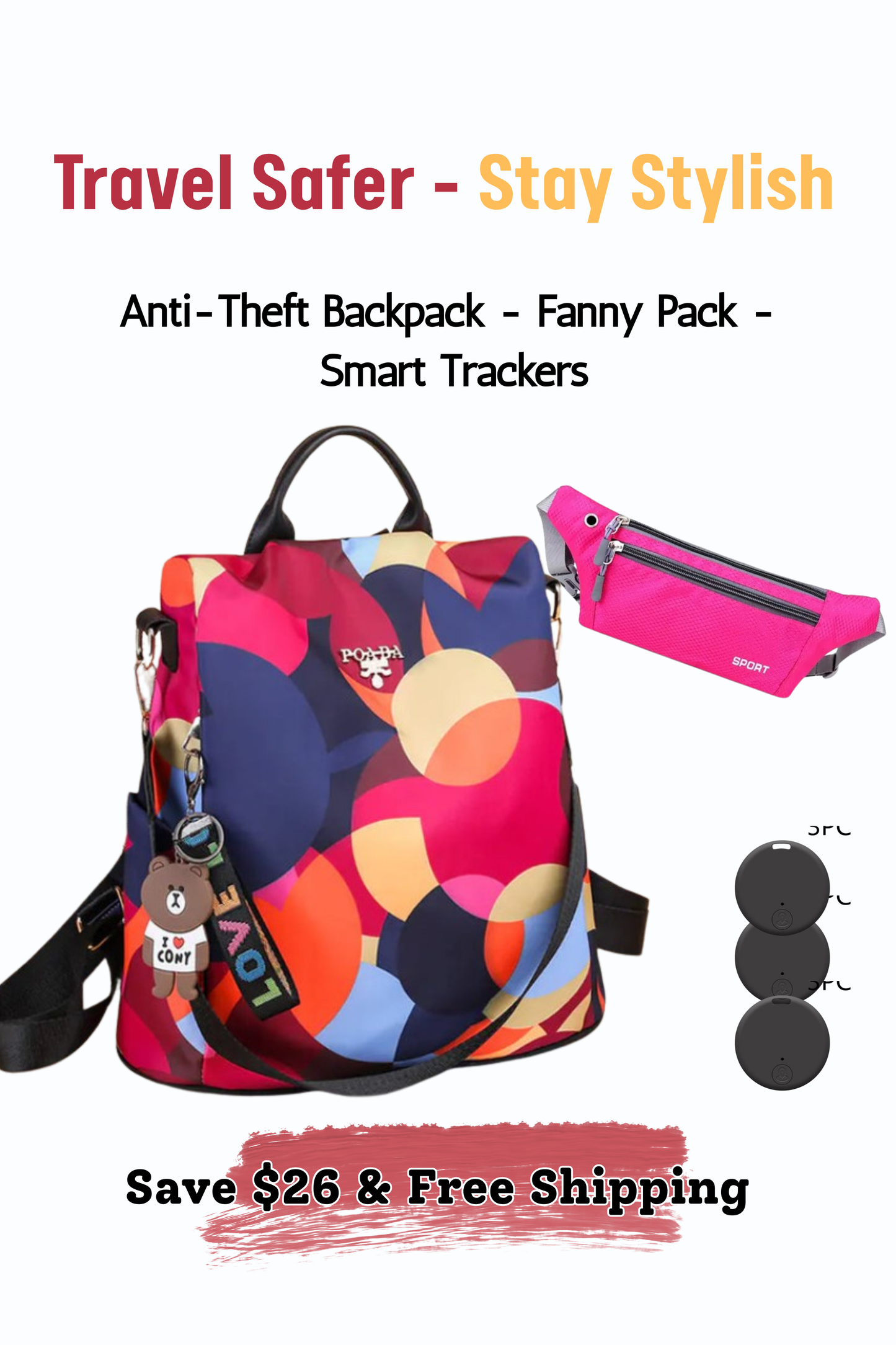 Ultimate Travel Safety Bundle – Anti-Theft Backpack, Fanny Pack & Bluetooth Trackers (Save $28 includes Free Shipping)