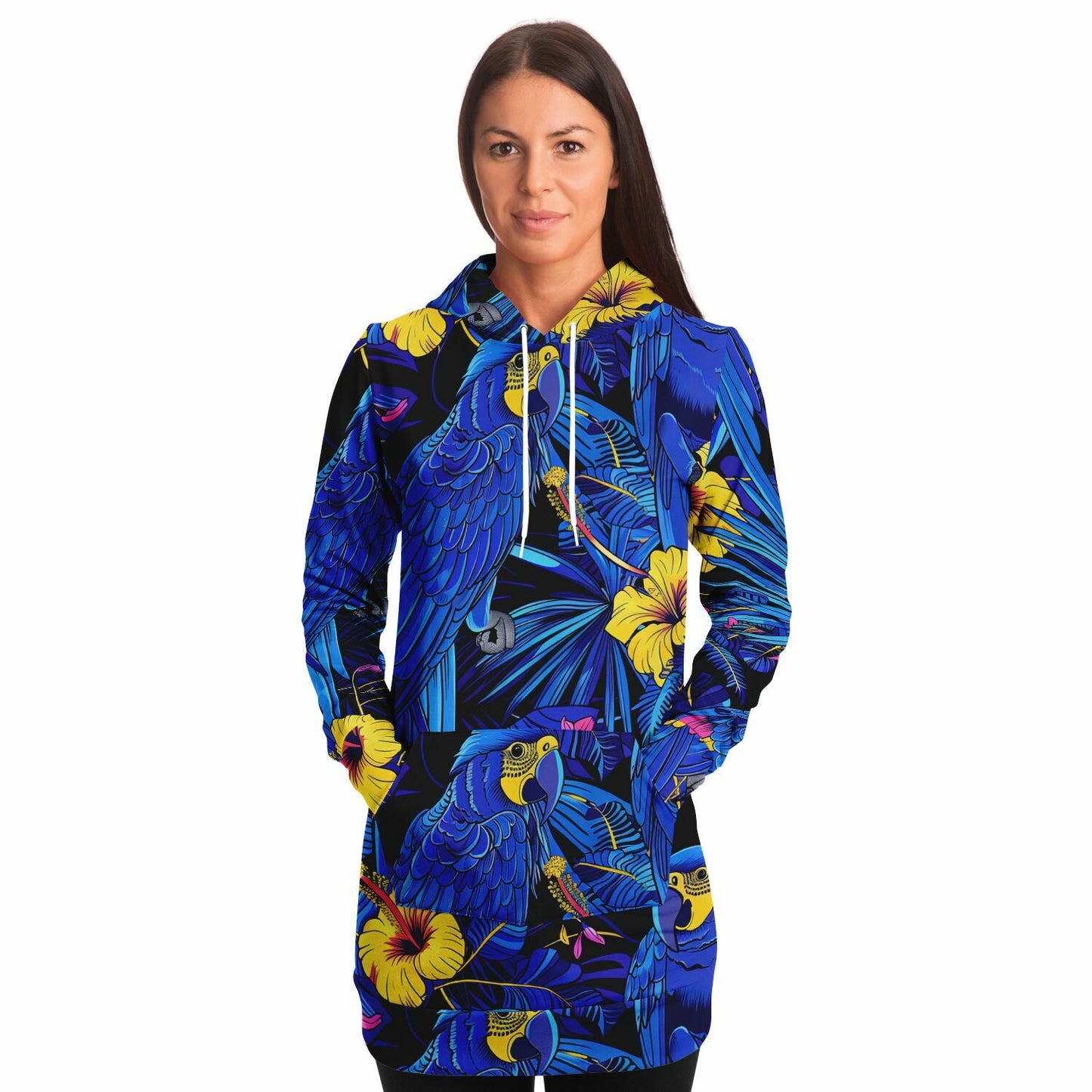 Fashion Longline Hoodie #colorful #vibrant #nature #macaws #foliage #exotic #floral #tropical #parrots #palm-leaves #wildlife #jungle #fashion #illustration #flowers #hibiscus
