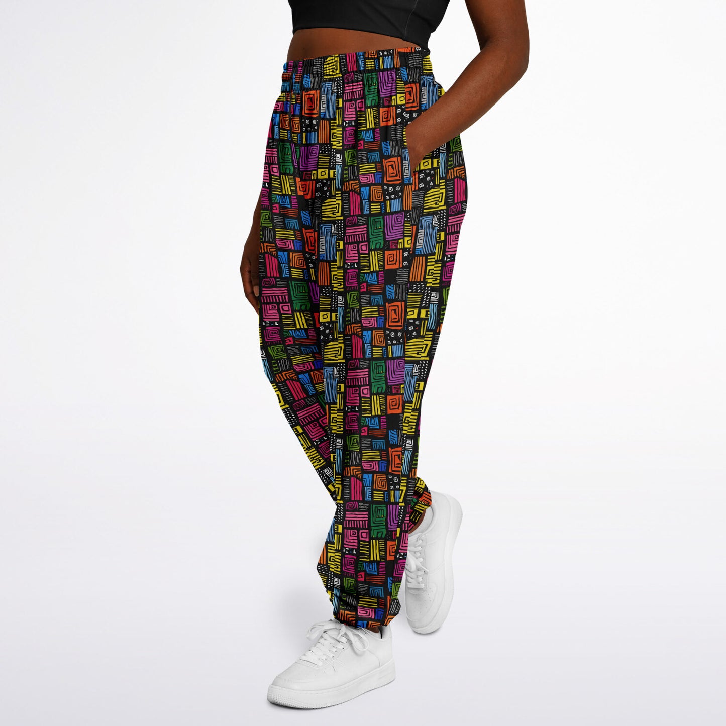 Athletic Sweatpants, Colorful Geometric Joggers, Abstract Pattern Activewear, Vibrant Grid Print Pants