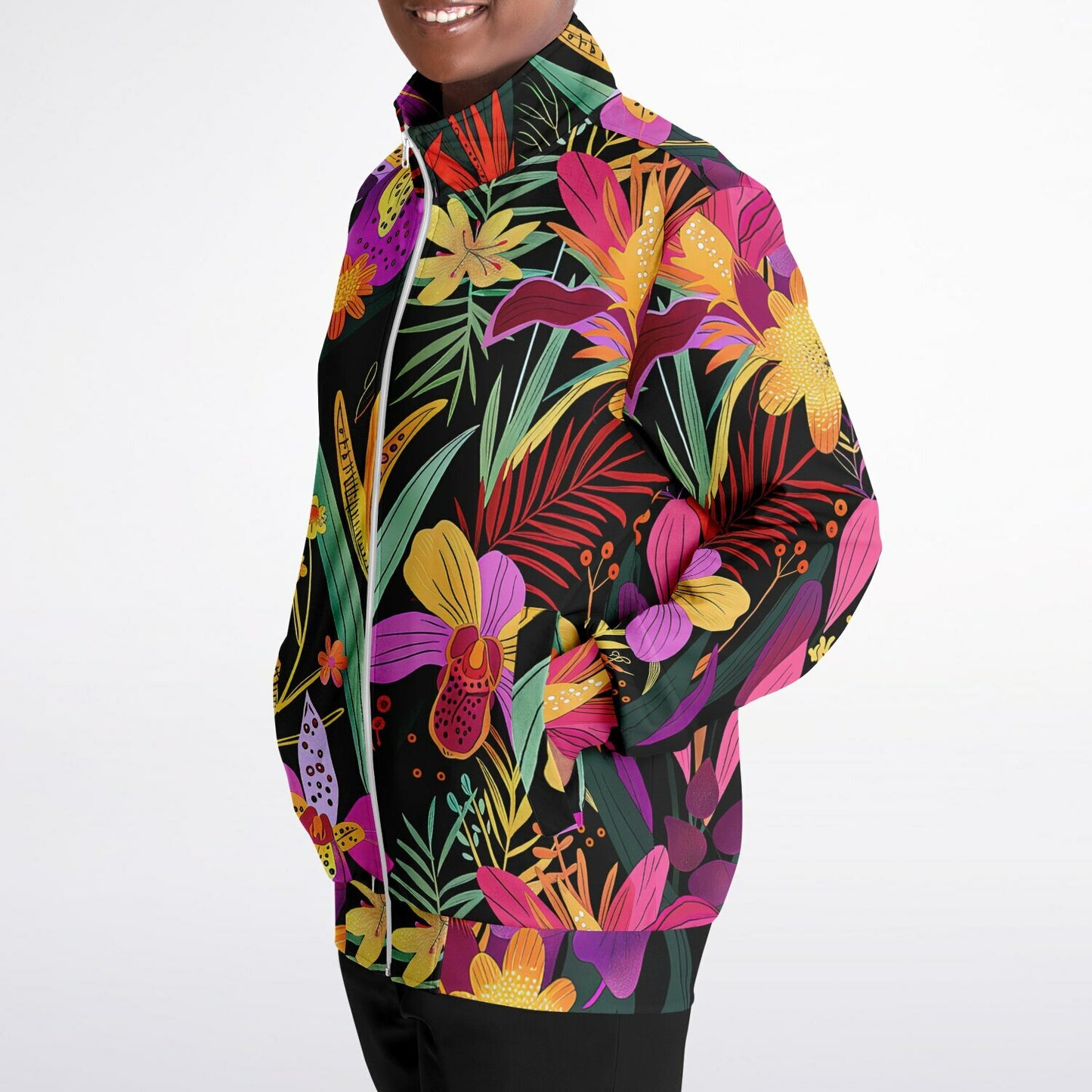 Exotic Floral Track Spring, Summer & Fall Jacket – Vibrant Tropical Lilies & Orchids Streetwear