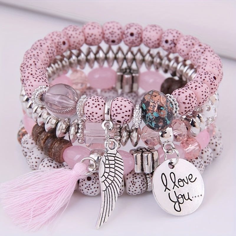 4pcs/Set Disc Love Wings Tassel Volcano Stone Beads Bracelet, Pink & Multicolor Beads Retro Bohemian Holiday Gift