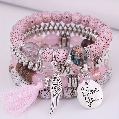 4pcs/Set Disc Love Wings Tassel Volcano Stone Beads Bracelet, Pink & Multicolor Beads Retro Bohemian Holiday Gift