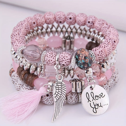4pcs/Set Disc Love Wings Tassel Volcano Stone Beads Bracelet, Pink & Multicolor Beads Retro Bohemian Holiday Gift