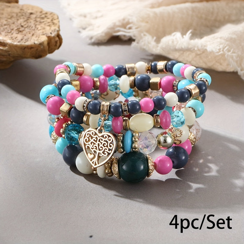 Bohemian Multilayer Bead Bracelet Peach Heart Pendant Vintage Couple Bracelet Handmade, Father's Day Gift