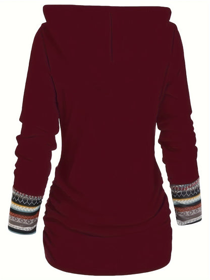 Stripe Splicing Button Decor Hoodie, Casual Long Sleeve Hoodie, Women's Clothing