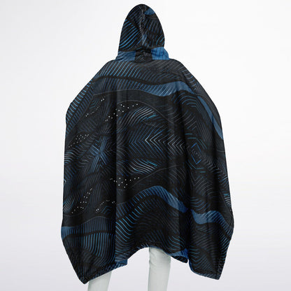 Flannel Blanket Poncho – Abstract Blue Wave Art, Modern Cozy Wrap with Flow & Depth