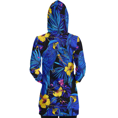 Fashion Longline Hoodie #colorful #vibrant #nature #exotic #floral #tropical #parrots #palm-leaves #wildlife #jungle #fashion #illustration #flowers #hibiscus