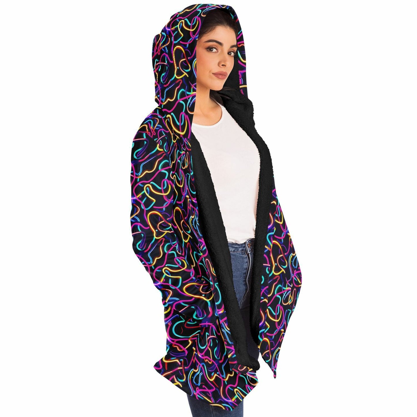 Microfleece Cloak – Neon Abstract Hooded Wrap, Glowing Digital Art Lines