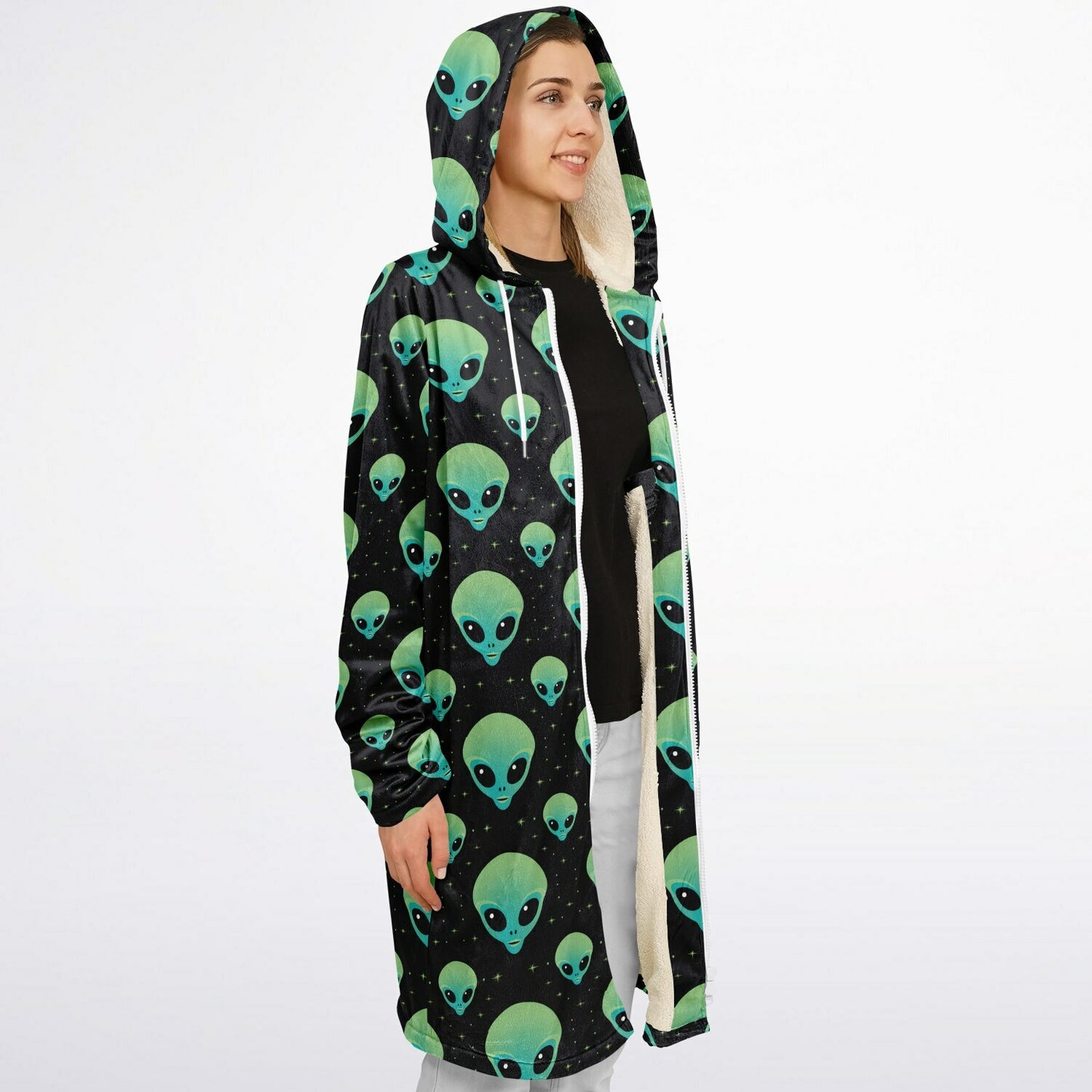 Black & Green Alien Terrestrial Zipper Cloak – One-of-a-Kind Hooded Cape for Festivals, Travel & Statement Style | Holloween Coat