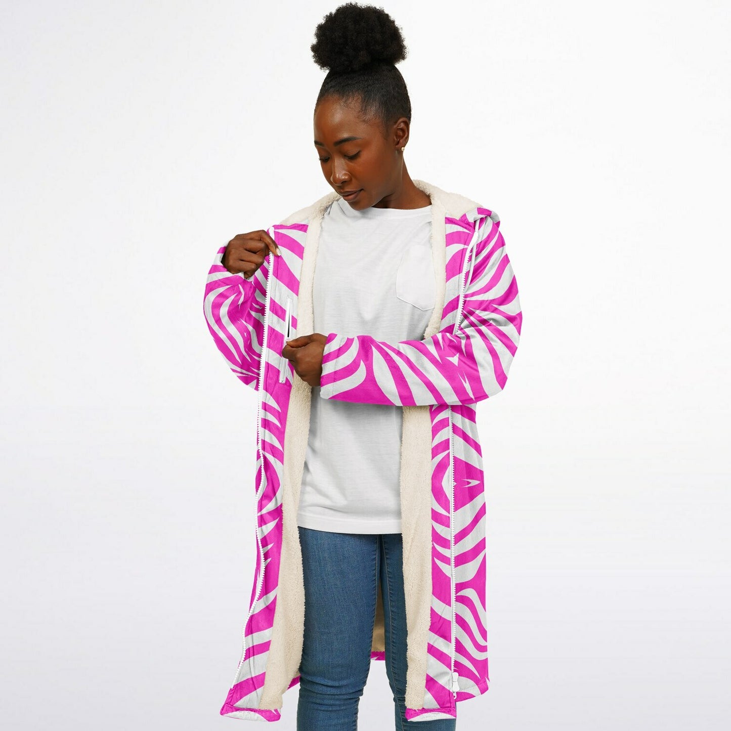 Hot Pink & White Boho Swirl Hooded Zipper Cloak Wrap | Festival Cloak with Abstract Boho Design