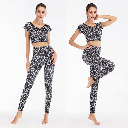 Women's Sexy Crop Fitness Yoga Set with Snakeskin Design