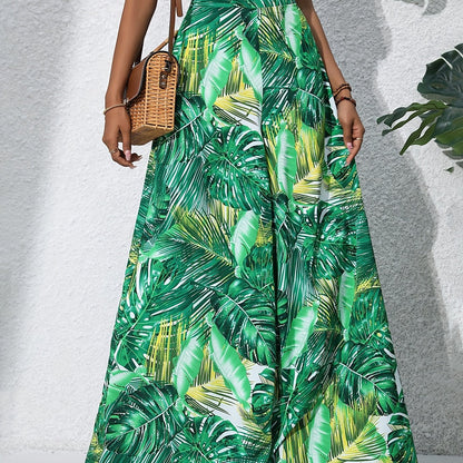 Bohemian Floral High Waist Elastic Waistband Women's Bohemian Floral Print Chiffon Wide-Leg Pants | Long Beach Trousers for Summer Vacation, Casual Elegant Style