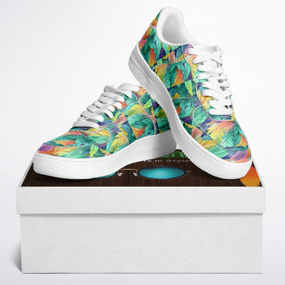 Low Top Shoes, Neon Feather Sneakers, Colorful Feather Print Low Tops, Festival Streetwear Shoes, Custom Shoes