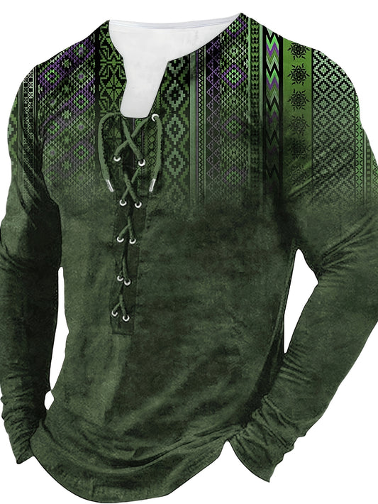 Long Sleeve Vintage Henley Tee for Men - Soft, Breathable, Relaxed Fit, Bohemian Style Pattern, Perfect for Spring and Fall, Great Gift Idea for Him