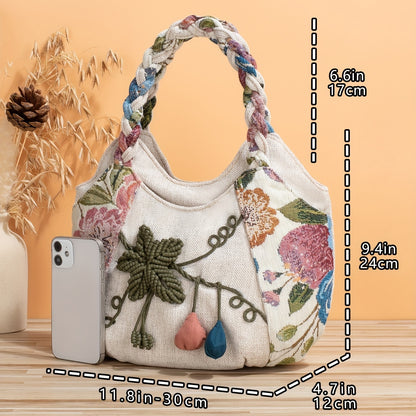 Bohemian Style Handmade Flower Tote Bag - Foldable, Zipper Closure, Fixed Shoulder Strap, Wristlet Included, Perfect for Vacation