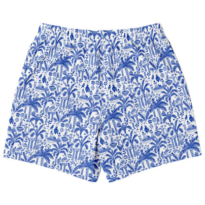 Men's Fashion Shorts | Ancient Art Blue & White Pattern Shorts | Birds & Palm Trees Fashion Shorts | Beach Shorts