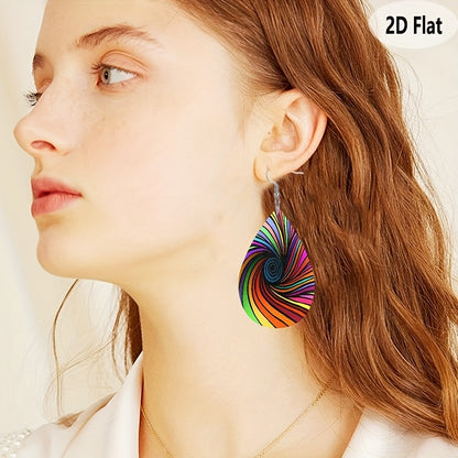 Bohemian Style Colorful Vortex Women'S Earrings with Dizzying Design and Faux Leather Pendant, 2D Flat