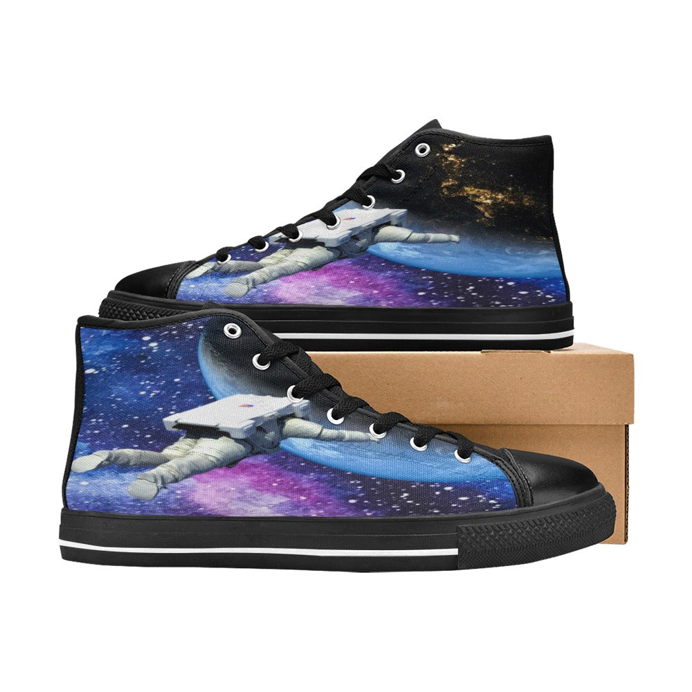 Mens Galaxy Shoes, High Tops Footwear Space Cadet Universe Canvas Sneakers Stars Astronomy Astronaut Nebula EDM Techno Epic Gift Ideas