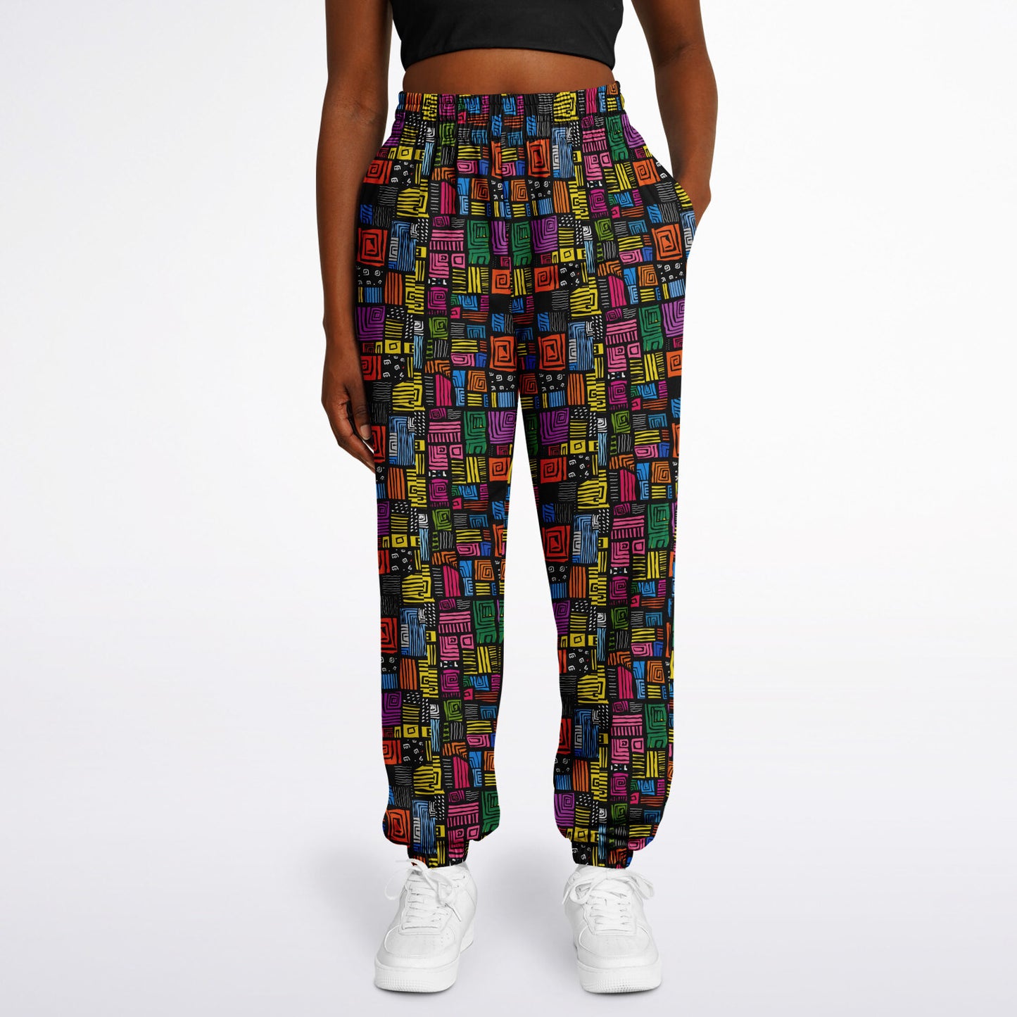 Athletic Sweatpants, Colorful Geometric Joggers, Abstract Pattern Activewear, Vibrant Grid Print Pants