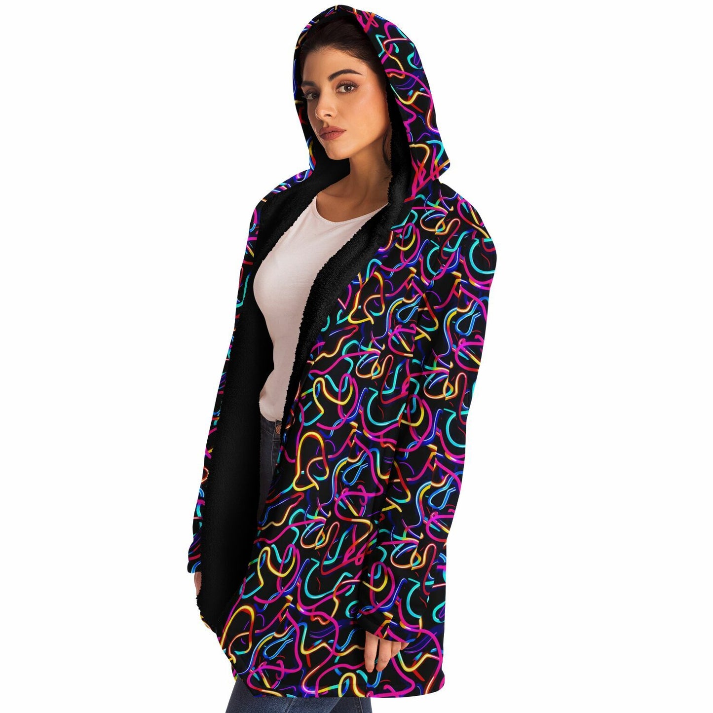 Microfleece Cloak – Neon Abstract Hooded Wrap, Glowing Digital Art Lines