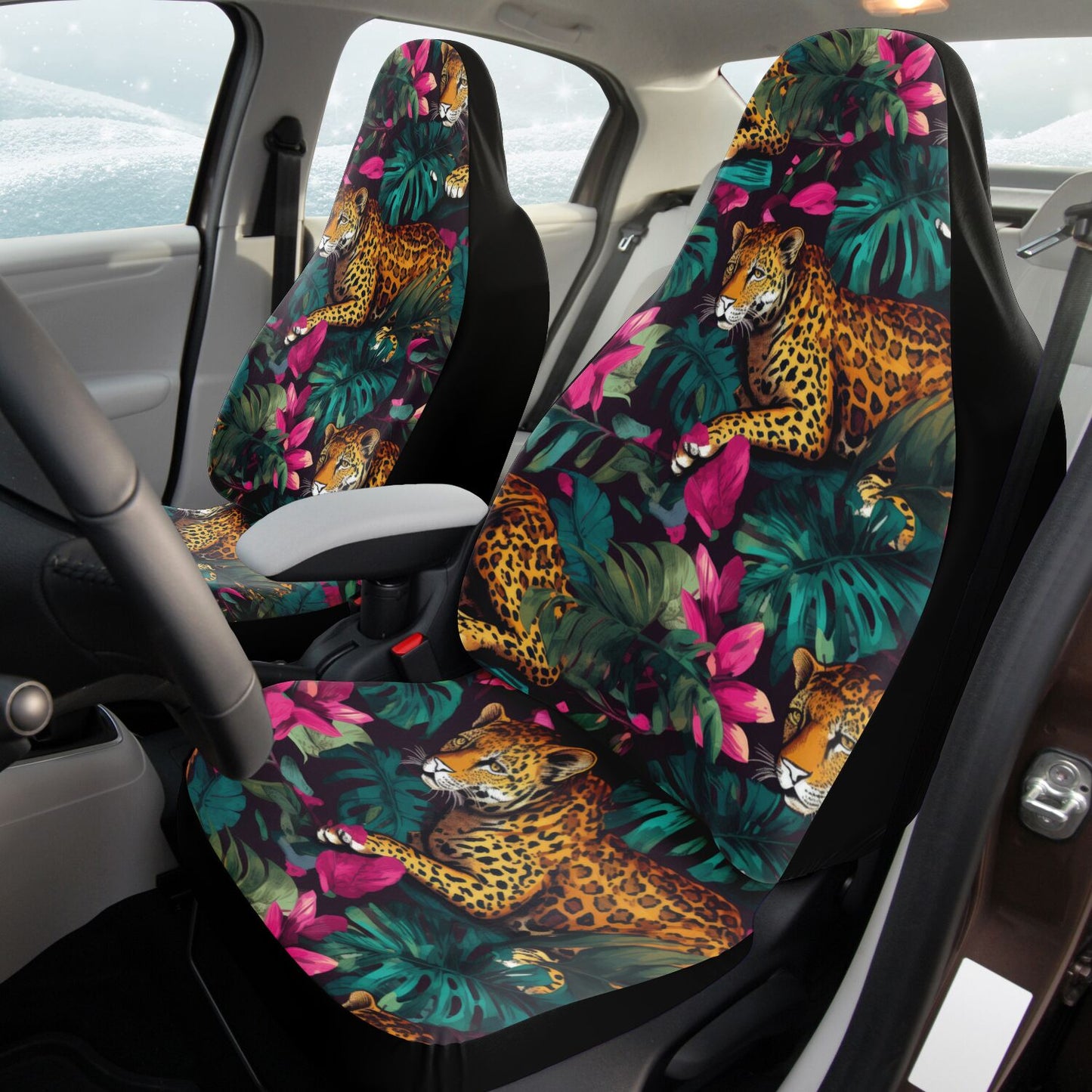 Tropical Animal Print Car Seat Cover – Summer Leopard & Cheetah Jungle Leaves Design