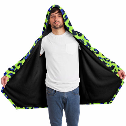 Boho Men Style Cloak – Neon Green Blue Abstract Animal Print Hooded Wrap