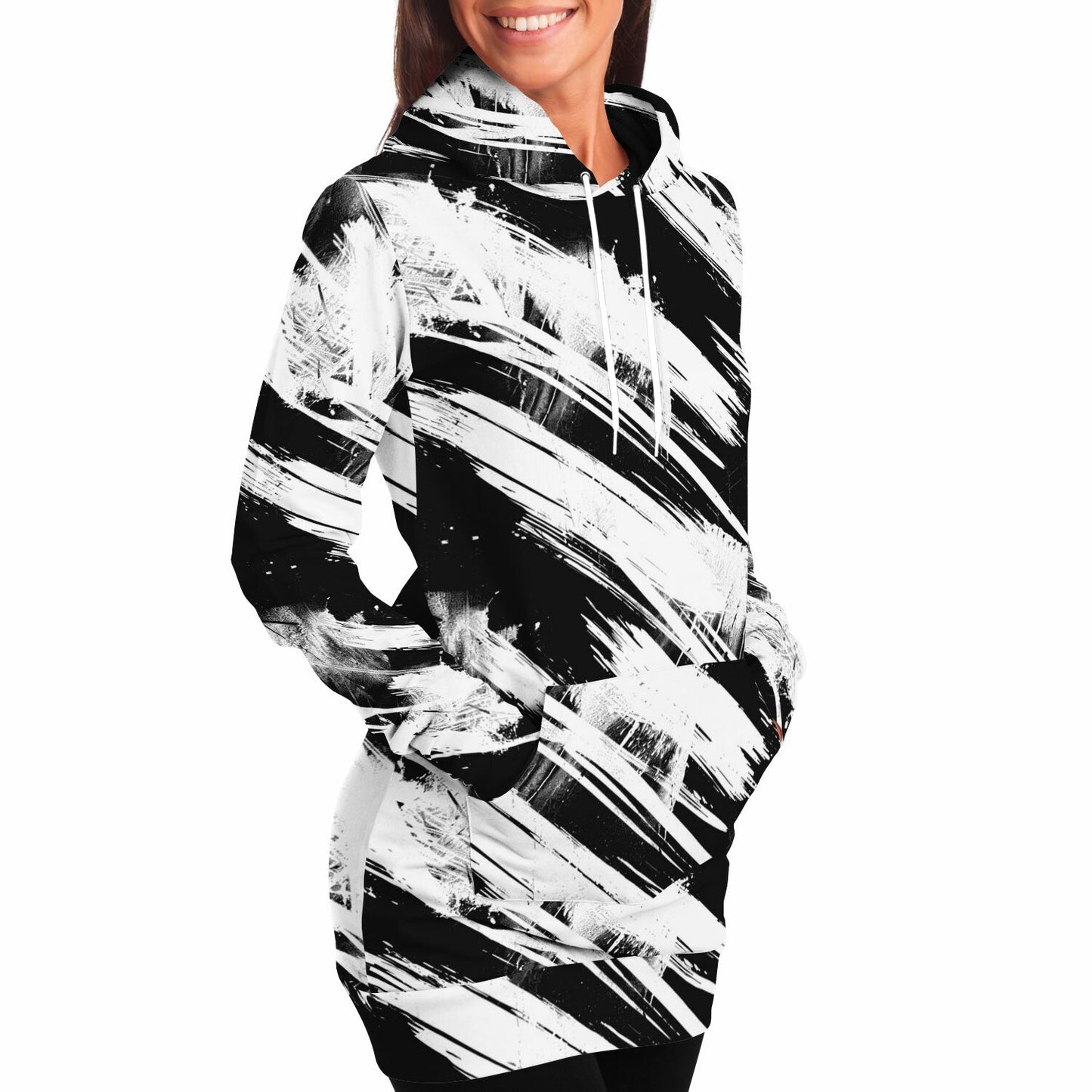 Fashion Longline Hoodie - #high-contrast#dynamic#graphic-design#expressive#gestural-abstraction#grunge#abstract#texture#black-and-white#brush-strokes