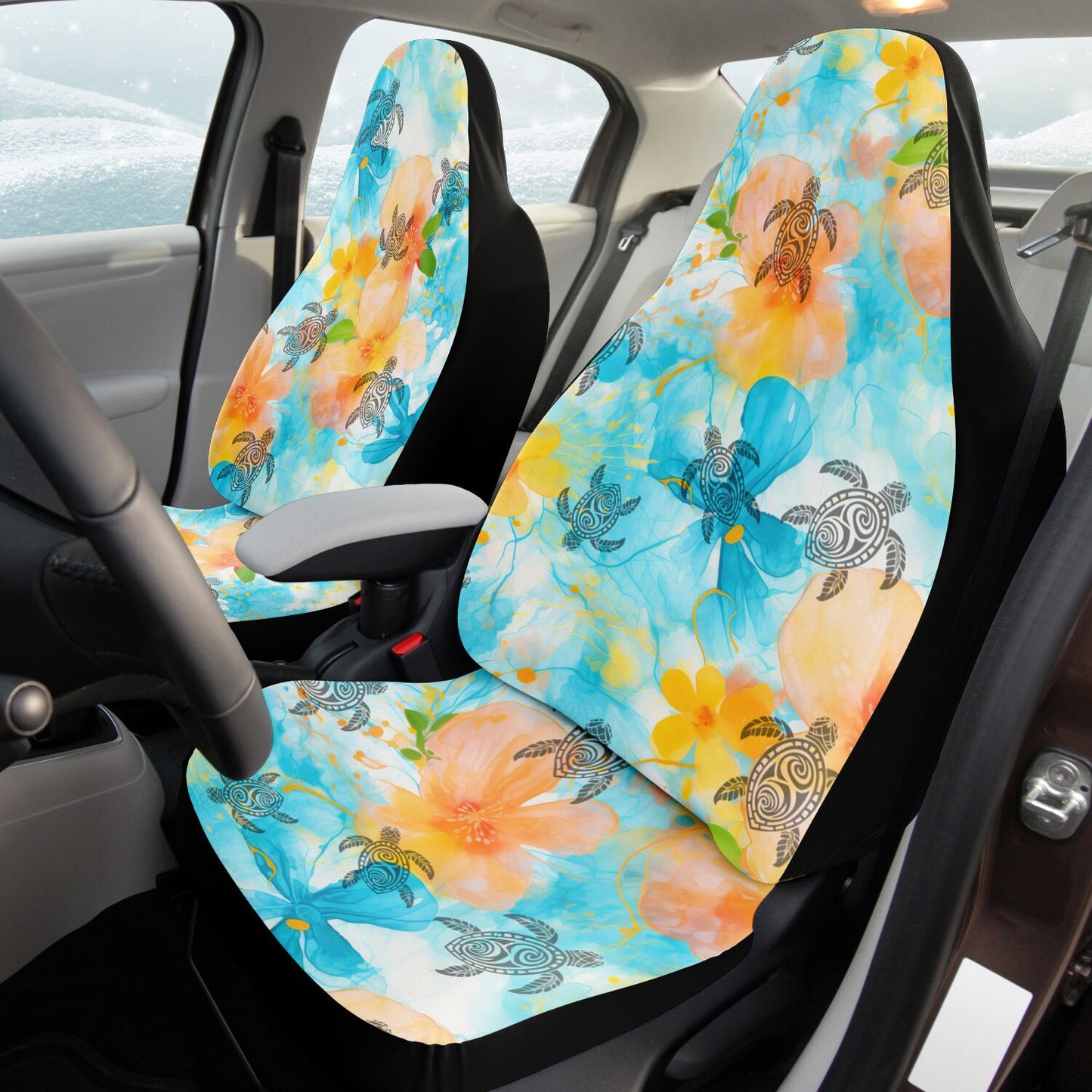 Boho Sea Turtle Colorful Abstract Floral Car Seat Covers – Summer Vibes Design, High Quality Custom Design, Summer Vibe