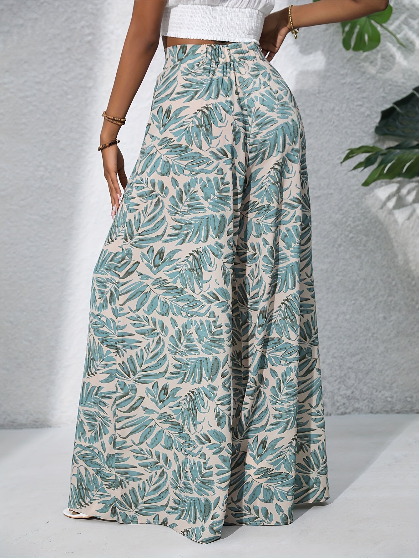 Bohemian Floral High Waist Elastic Waistband Women's Bohemian Floral Print Chiffon Wide-Leg Pants | Long Beach Trousers for Summer Vacation, Casual Elegant Style