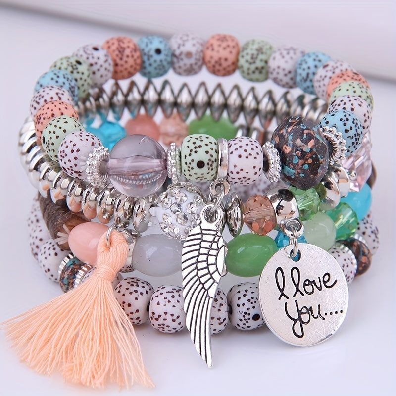 4pcs/Set Disc Love Wings Tassel Volcano Stone Beads Bracelet, Pink & Multicolor Beads Retro Bohemian Holiday Gift