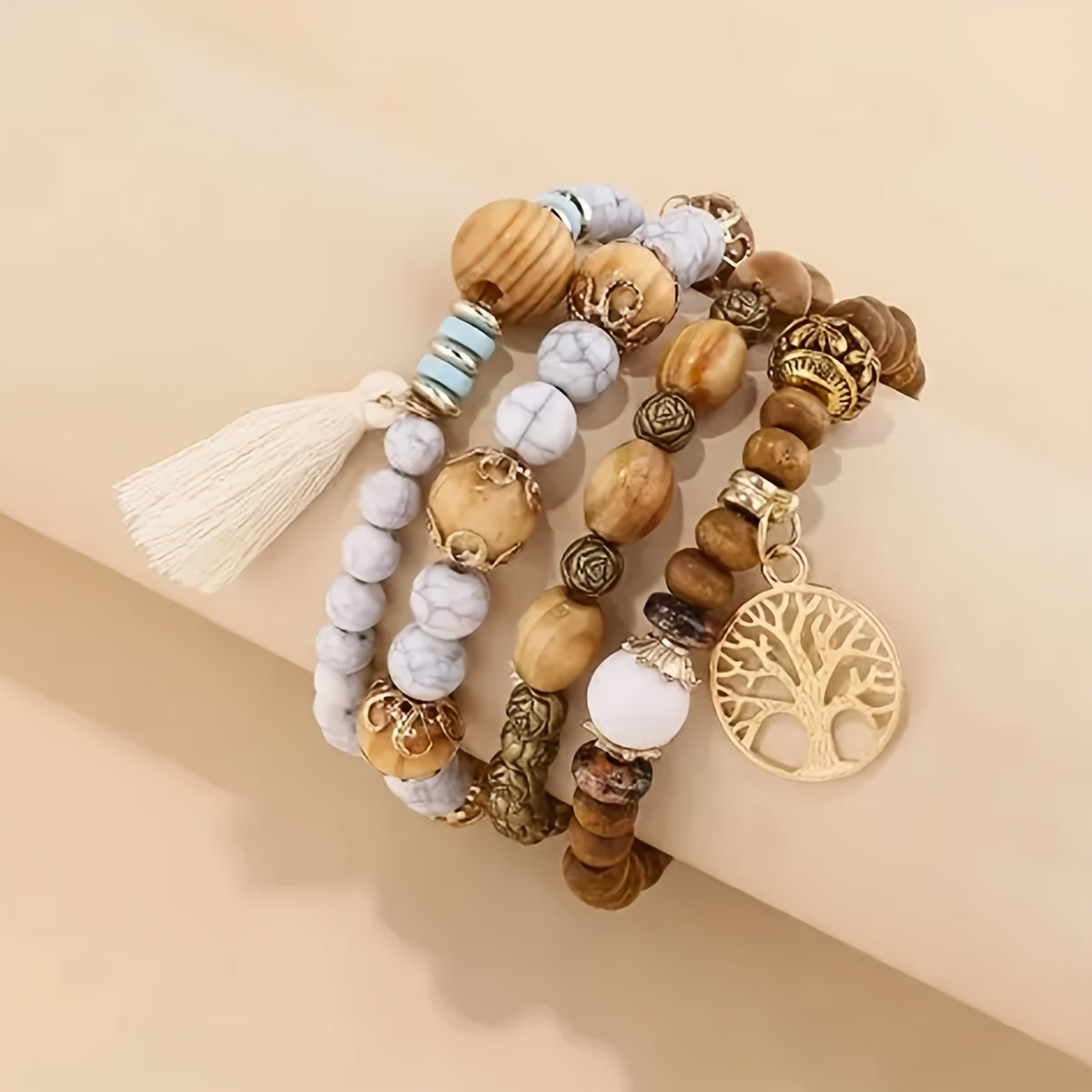 4pcs Bohemian Tree of Life Tassel Pendant Bracelet Set, 4-Piece Set with Random Bead Colors