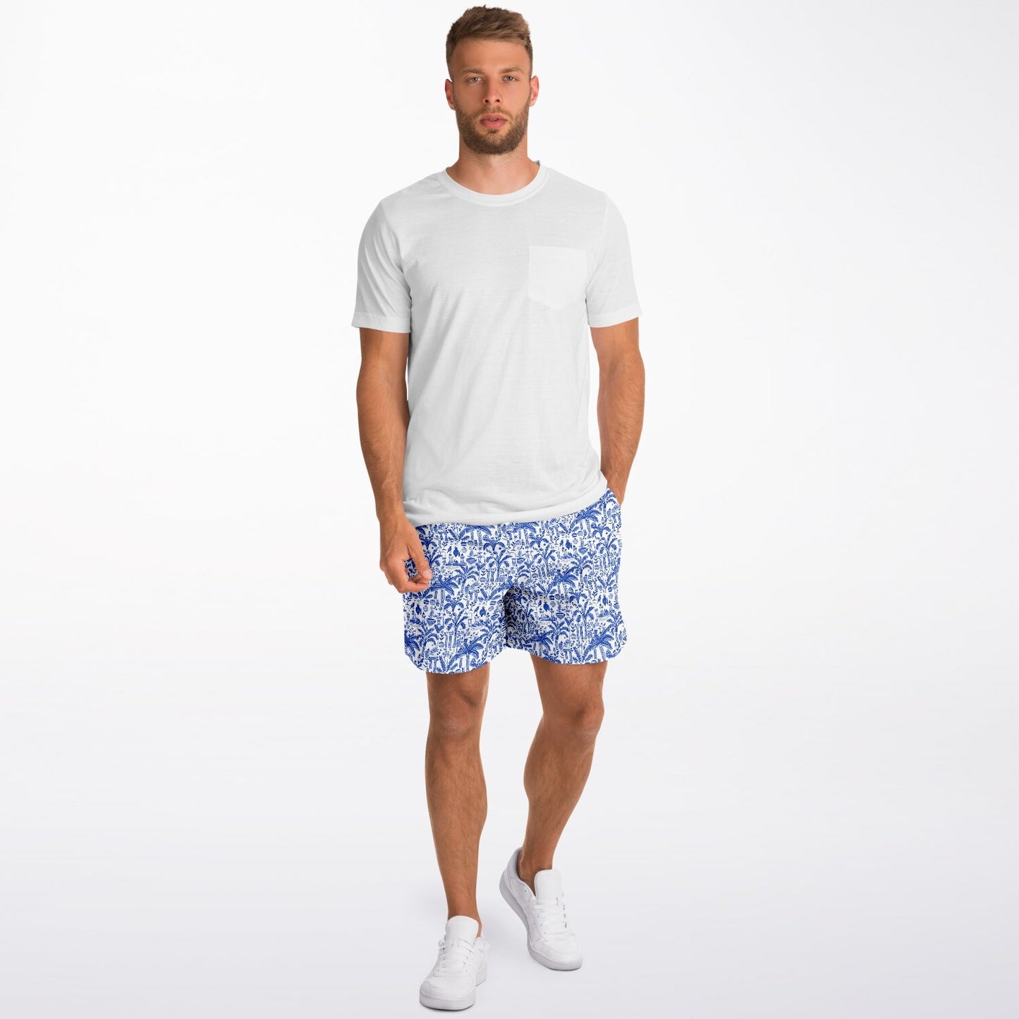 Men's Fashion Shorts | Ancient Art Blue & White Pattern Shorts | Birds & Palm Trees Fashion Shorts | Beach Shorts
