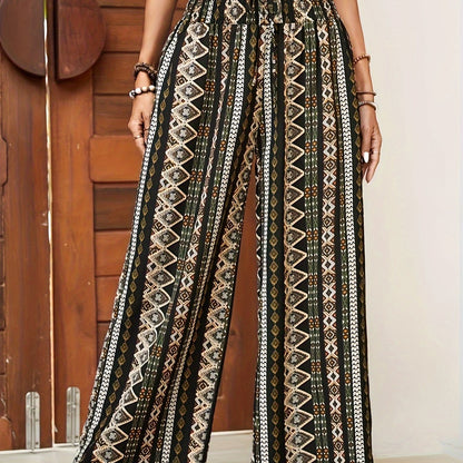Women's Bohemian Style Wide Leg Pants - Ethnic Print, Beige & Black Color Scheme, Tie Waist, Perfect for Vacation, Leisure, and Weekend Wear