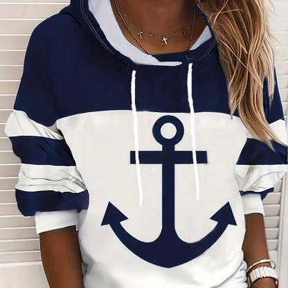Casual Color Block Anchor Print Drawstring Hoodies - Women's Long Sleeve Sweatshirt