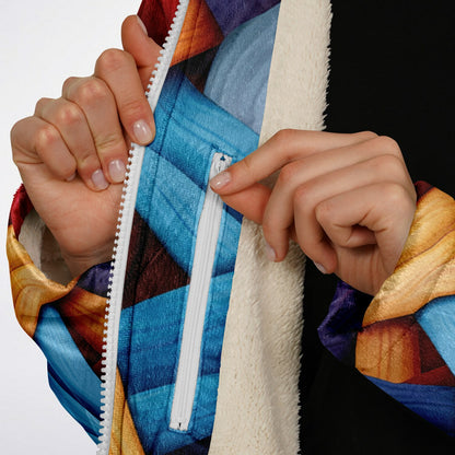 Zipper Cloak – Bold Blue & Red Weave Pattern, Creative Boho Hooded Wrap