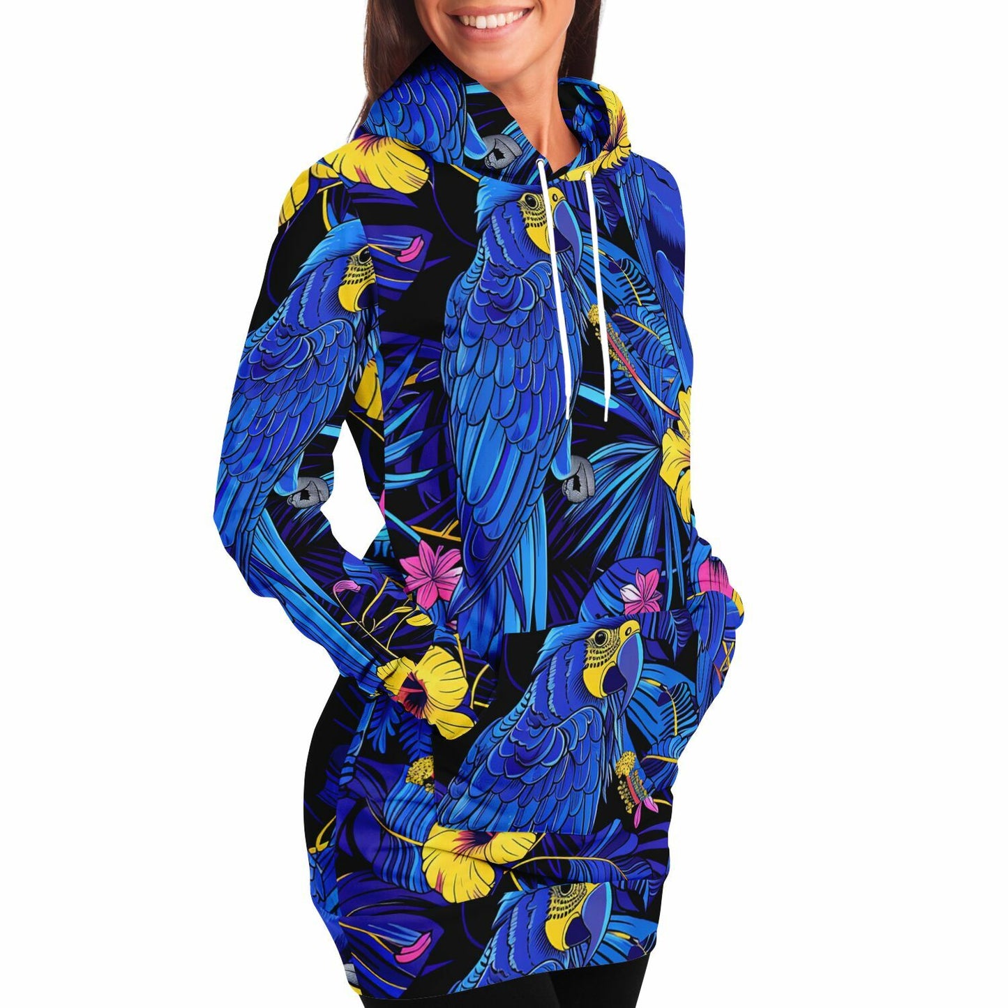 Fashion Longline Hoodie #colorful #vibrant #nature #macaws #foliage #exotic #floral #tropical #parrots #palm-leaves #wildlife #jungle #fashion #illustration #flowers #hibiscus