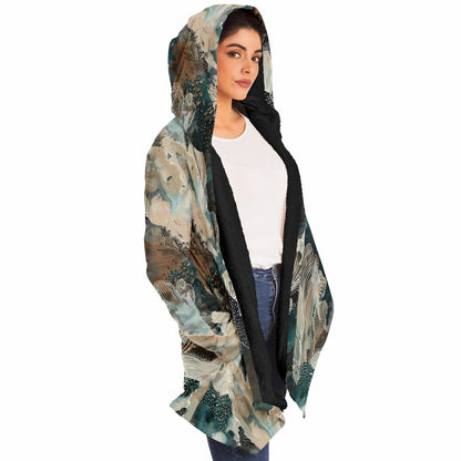 Warm Fall & Winter Hoodie Cloak | Teal Botanical & Abstract Coral Design