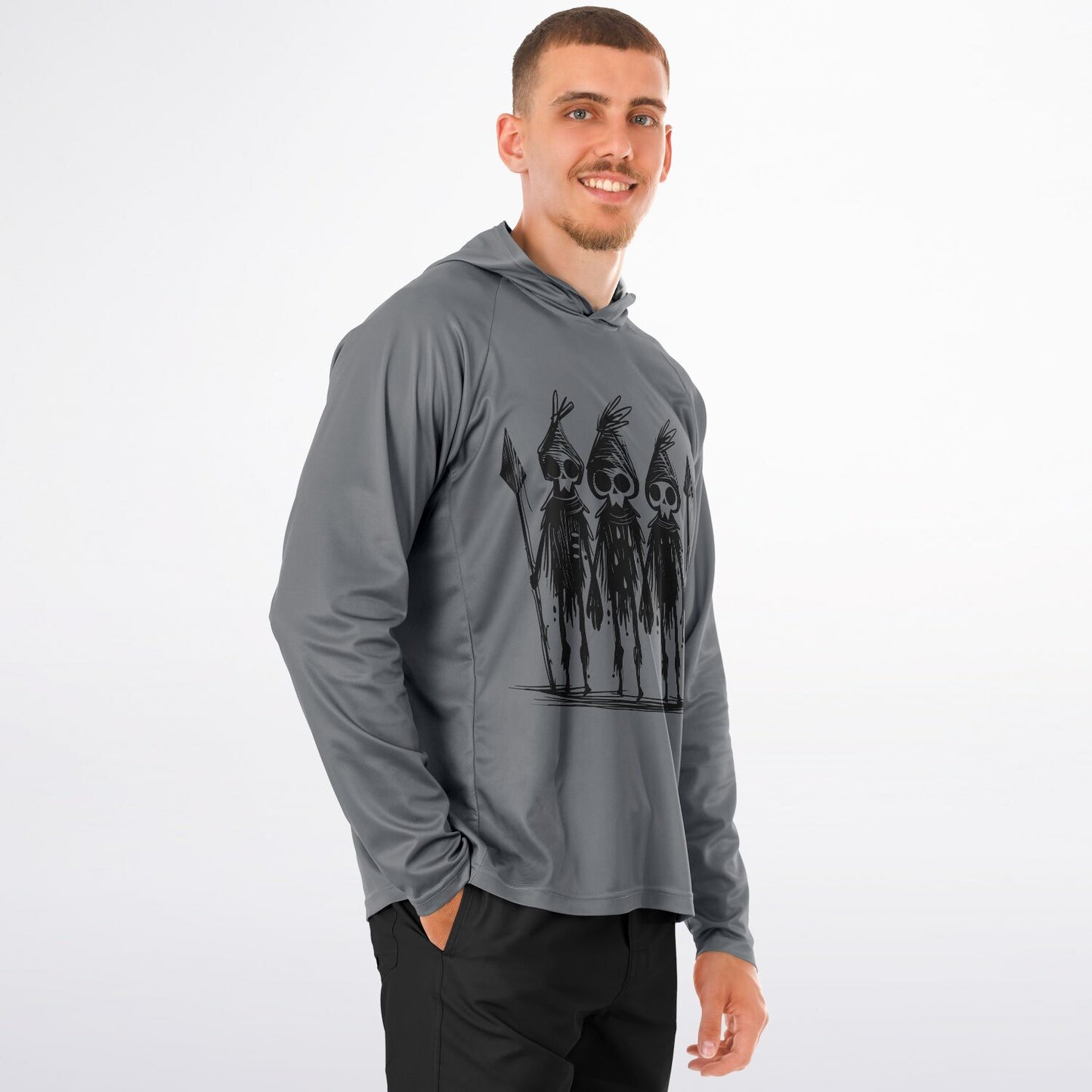 Men’s Hooded Performance Shirt – Tribal Warrior Skull Sketch Long Sleeve
