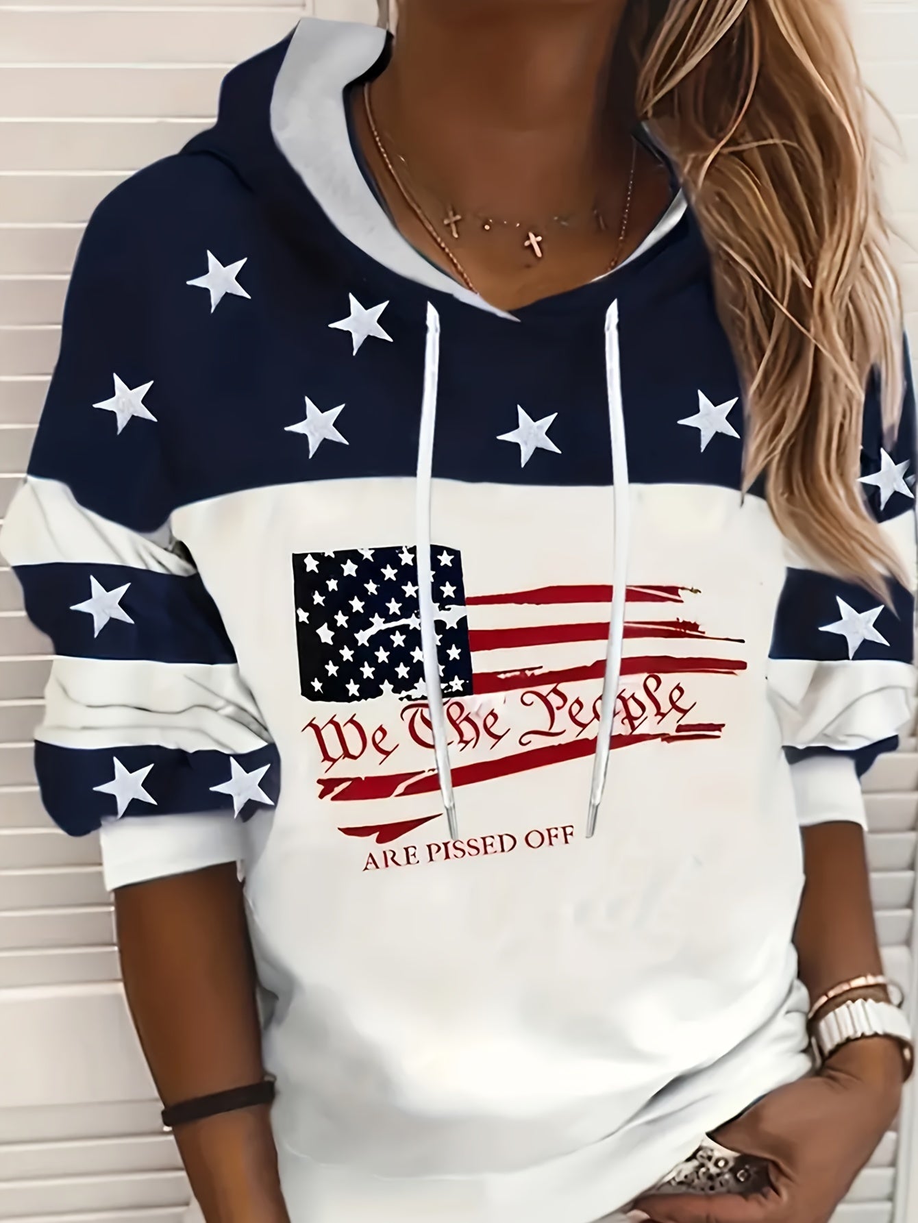 USA Flag Print Drawstring Hoodie, Casual Long Sleeve Drop Shoulder Hoodie, Women's Clothing