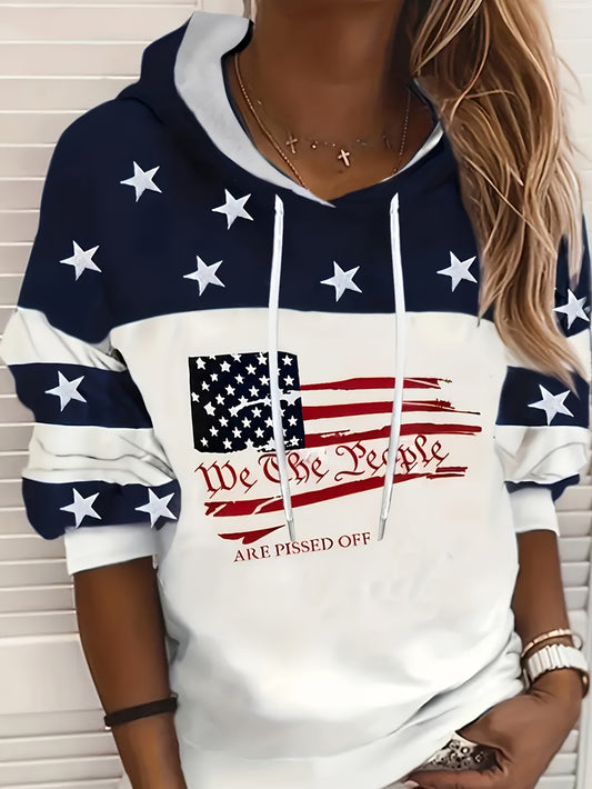 USA Flag Print Drawstring Hoodie, Casual Long Sleeve Drop Shoulder Hoodie, Women's Clothing