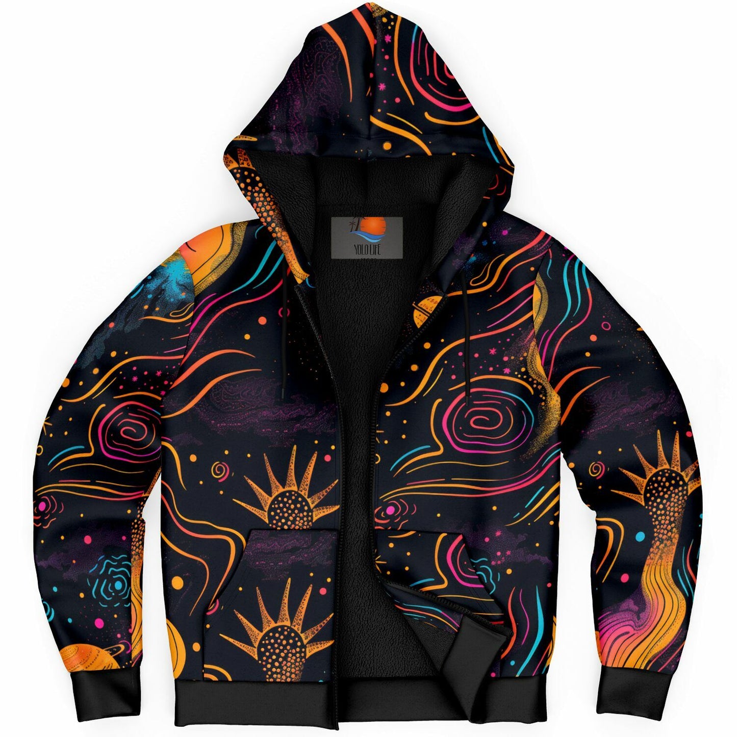 Custom Design Zip Hoodie, Cosmic Psychedelic Sweatshirt, Vibrant Celestial Planets & Stars Zip Up