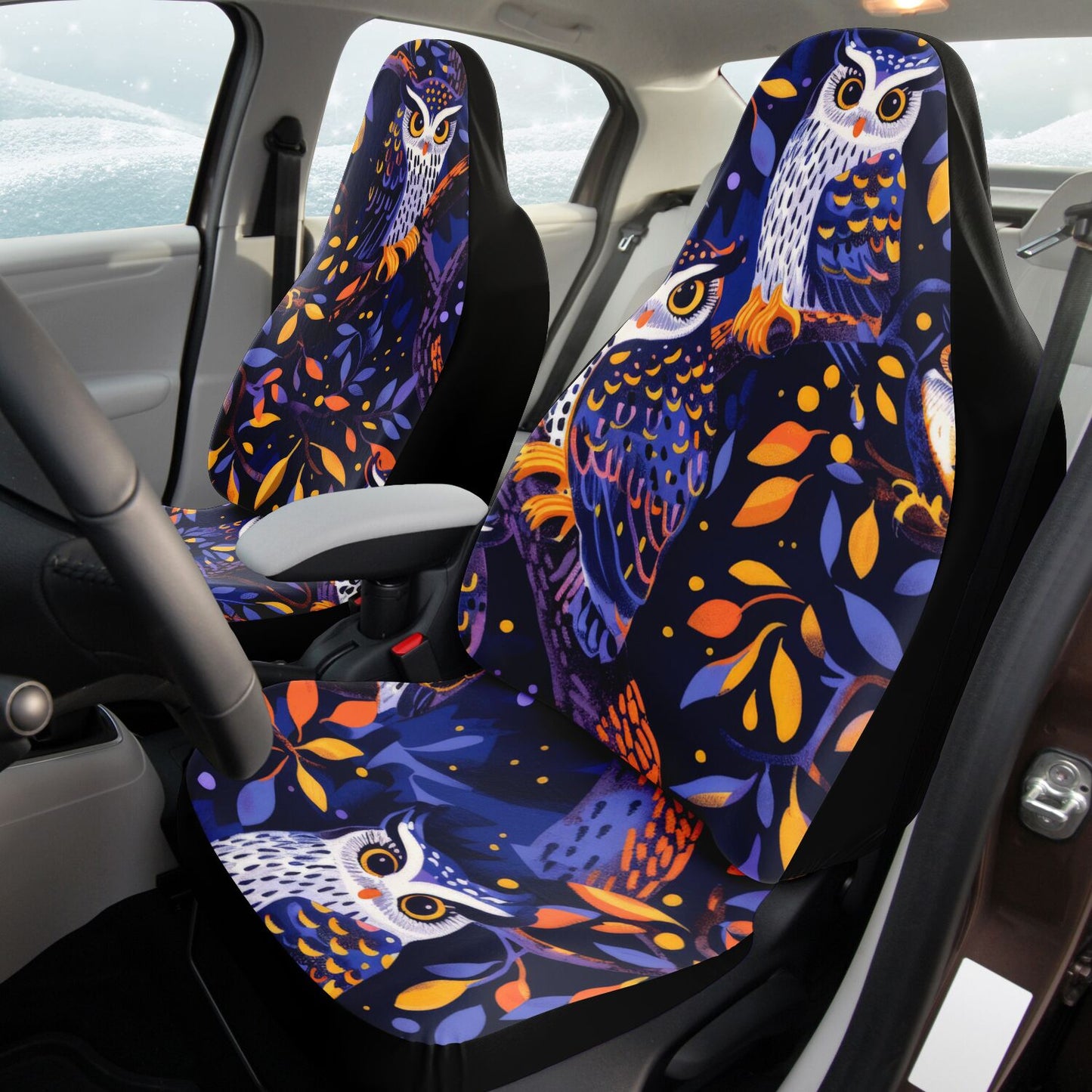 Whimsical Owl & Forest Car Seat Covers – Nature-Inspired Art  Custom Design
